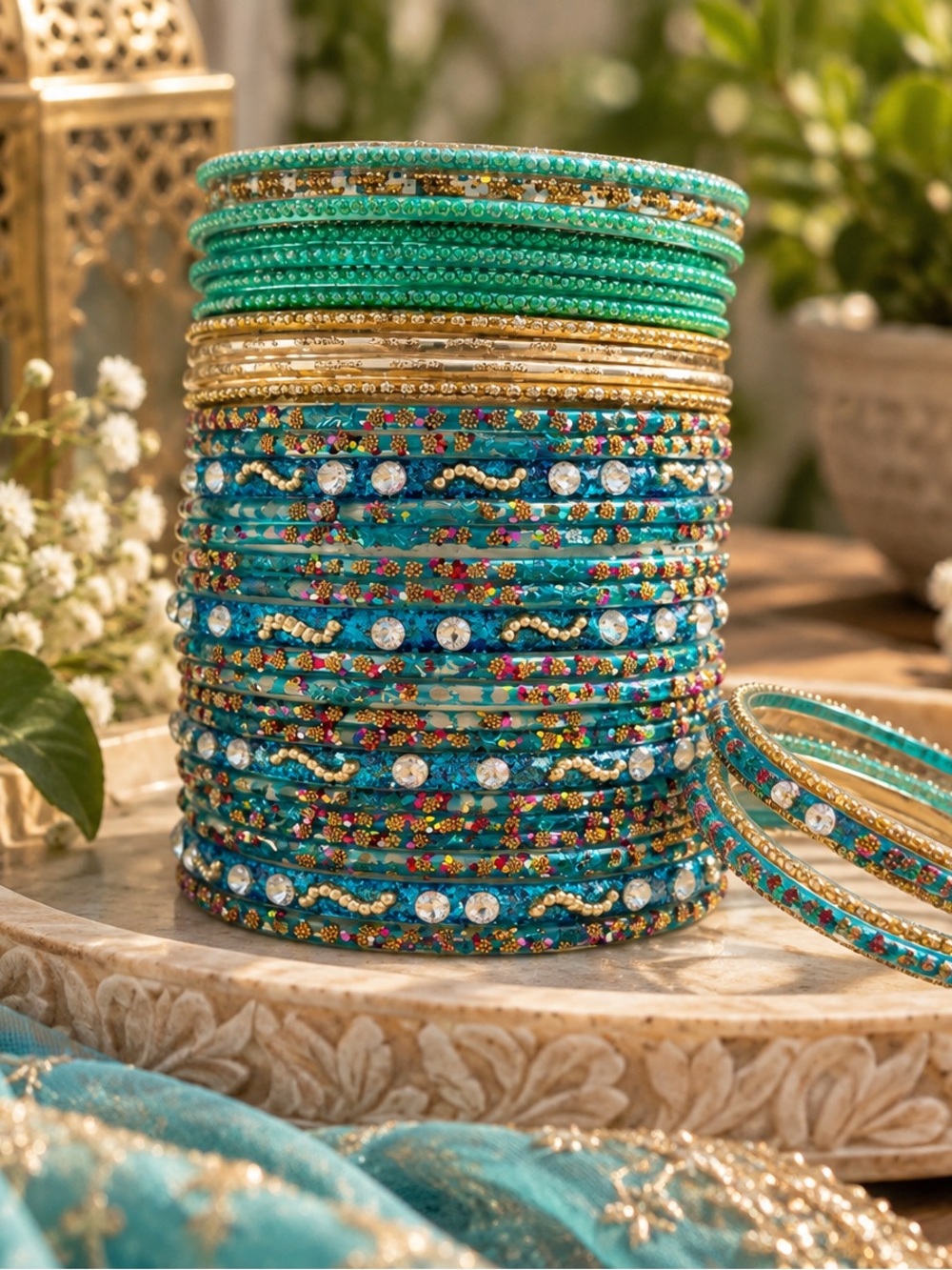 Colorful Turquoise and Gold Beaded Bangles Bracelet Stack